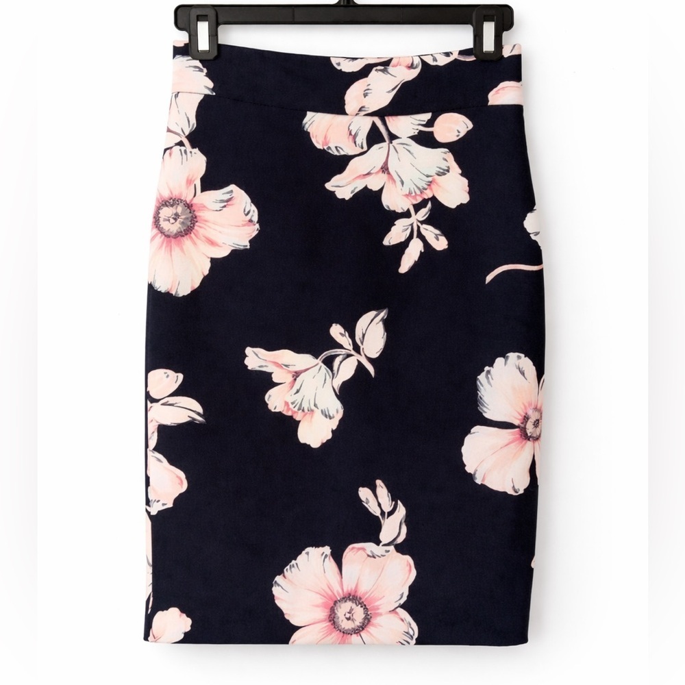 Ann Taylor Navy Floral Pencil Skirt Size 0 Blush Pink Knee Length Career Office